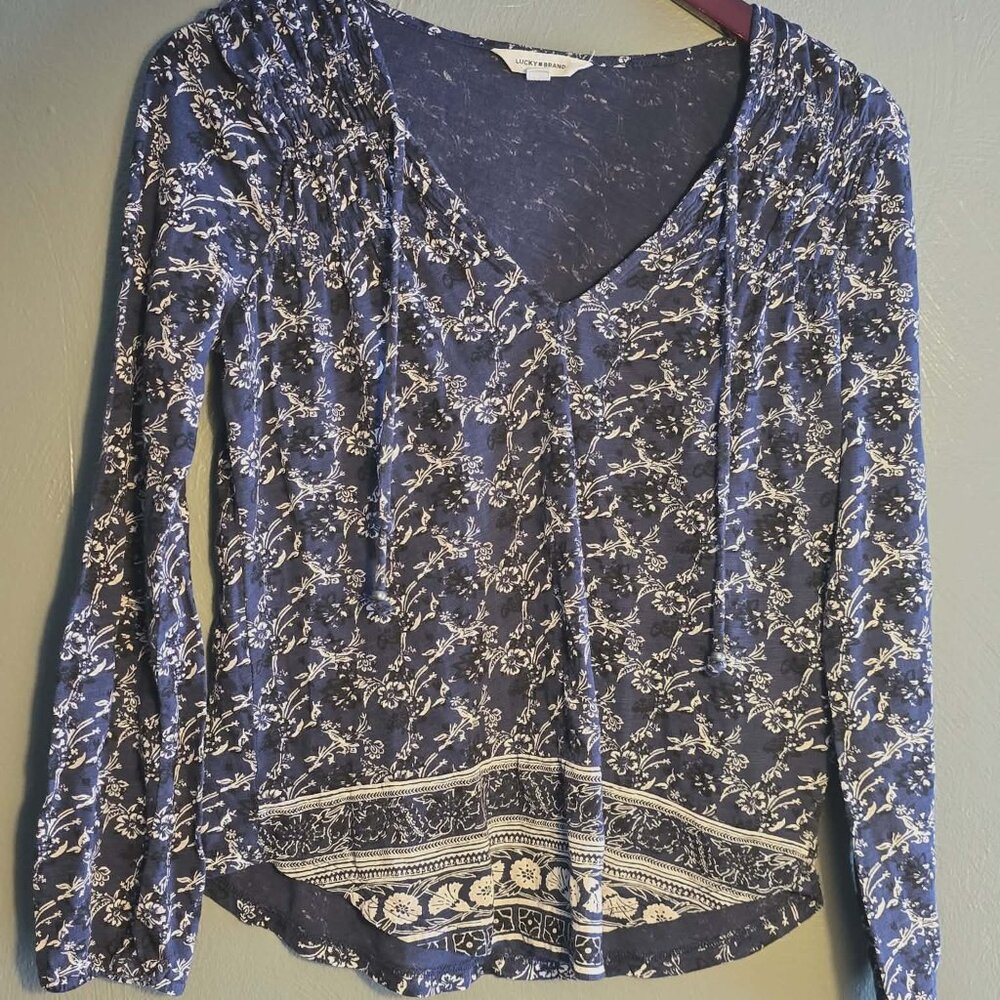Lucky Brand Blouse Womens S Navy Floral Boho Peasant Tie Sleeve Balloon Bohemian